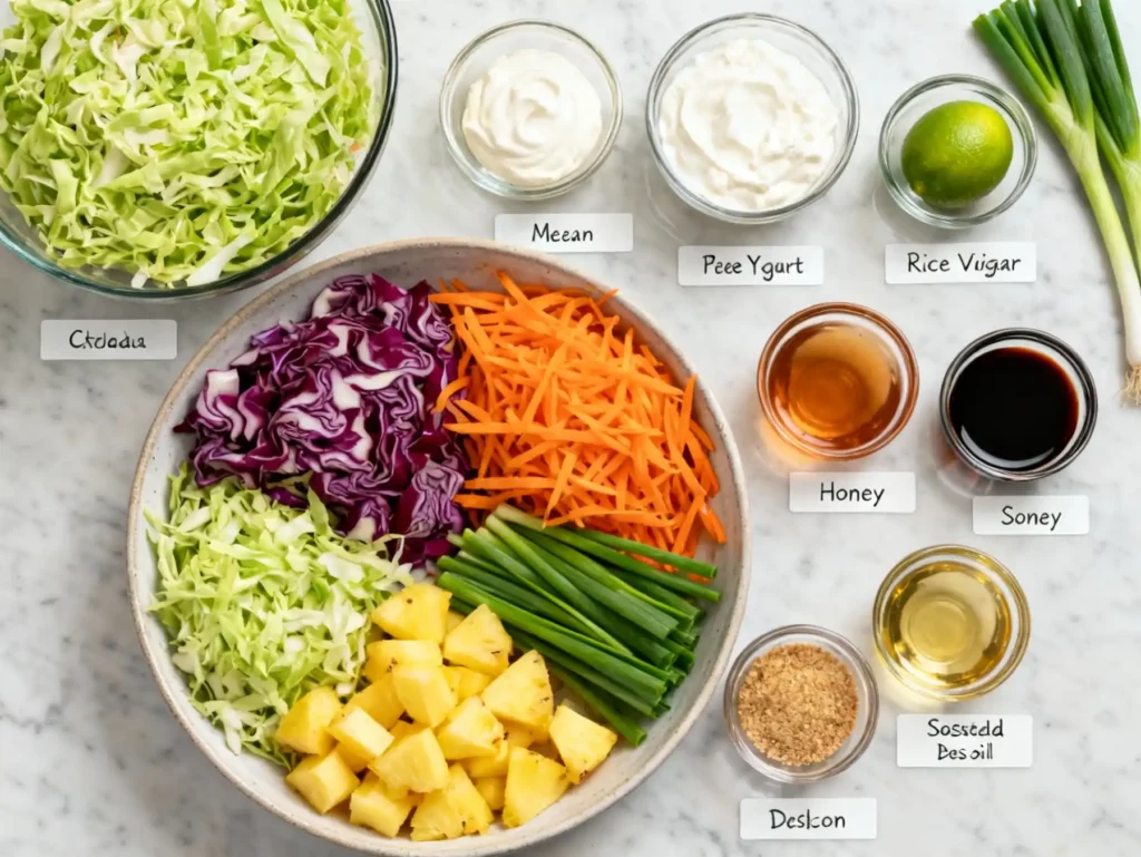 Ingredients for creamy Hawaiian coleslaw with pineapple