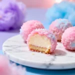 Crispy cotton candy cheesecake bombs on dessert plate