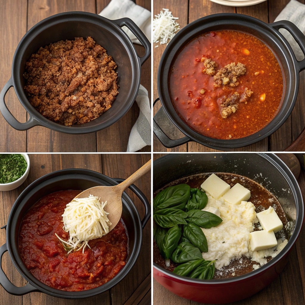 Four-step cooking tutorial for crockpot lasagna soup with marinara sauce, beef, noodles, ricotta