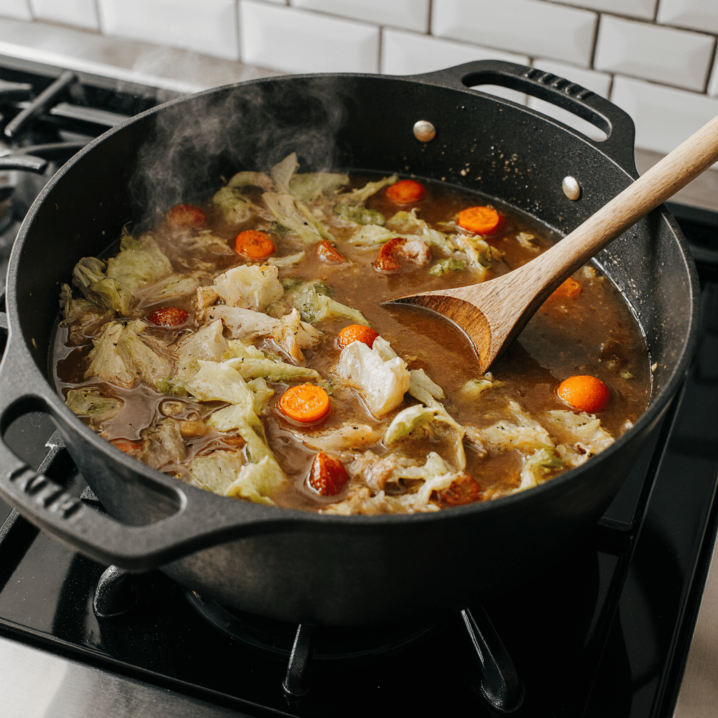 Large pot of simmering cabbage turkey soup with ladle