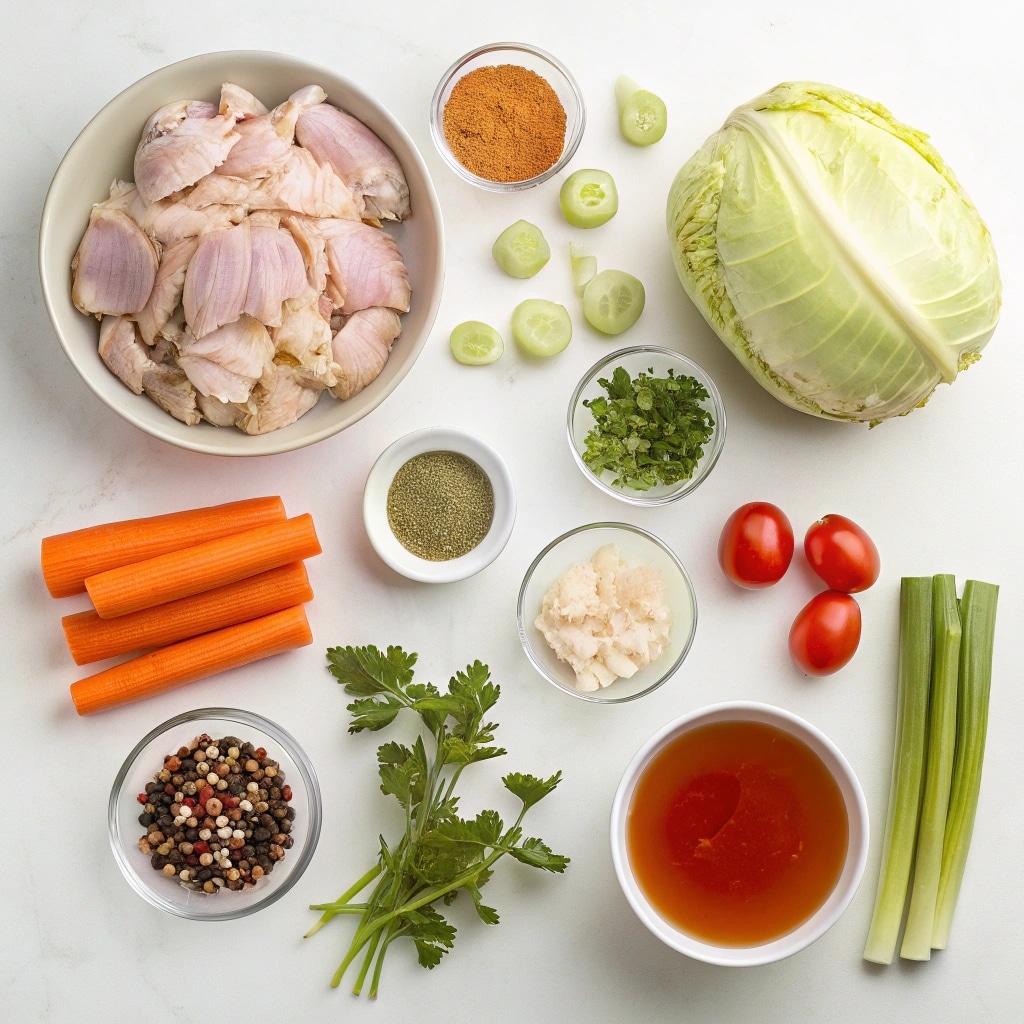 Fresh ingredients for cabbage turkey soup including vegetables, broth, and herbs