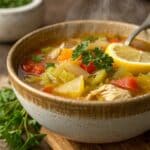 Detox Cabbage Turkey Soup with herbs and lemon in rustic bowl