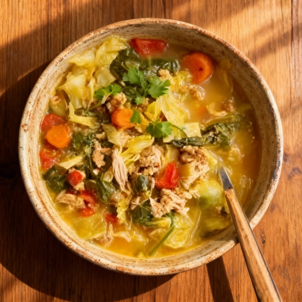 Bowl of Detox Cabbage Turkey Soup with shredded turkey, cabbage, carrots, and broth
