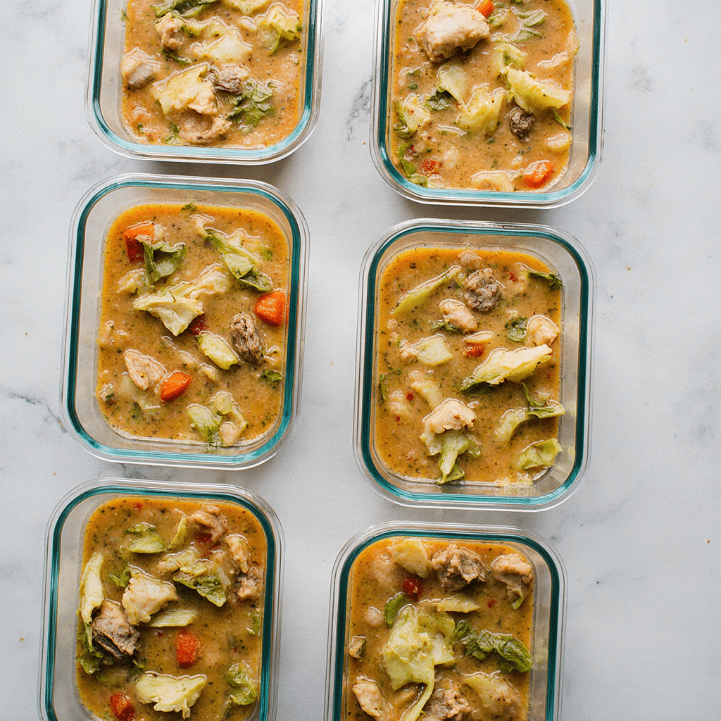 Containers filled with detox soup ready for meal prep