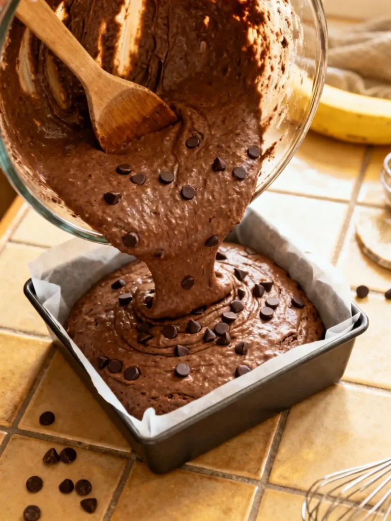 Chocolate banana bread batter in pan ready for baking