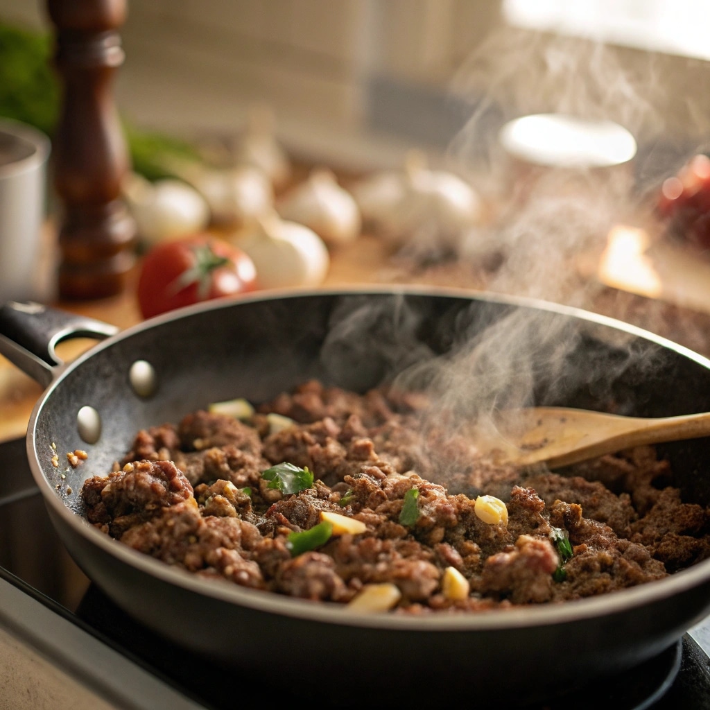 Step 1 of Crockpot Lasagna Soup: browning ground beef for rich flavor