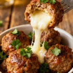 Easy mozzarella stuffed meatballs with melted cheese and herbs