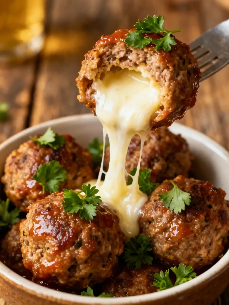 Easy mozzarella stuffed meatballs with melted cheese and herbs