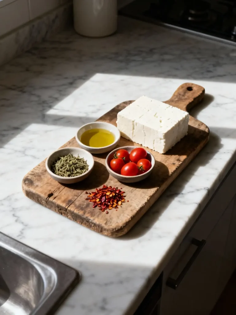 Ingredients for feta psiti recipe on rustic board