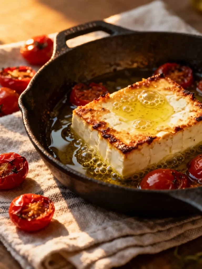 Baked feta psiti in skillet with golden edges and herbs