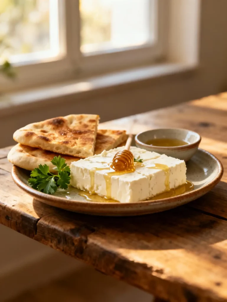 Served feta psiti recipe with pita and honey drizzle