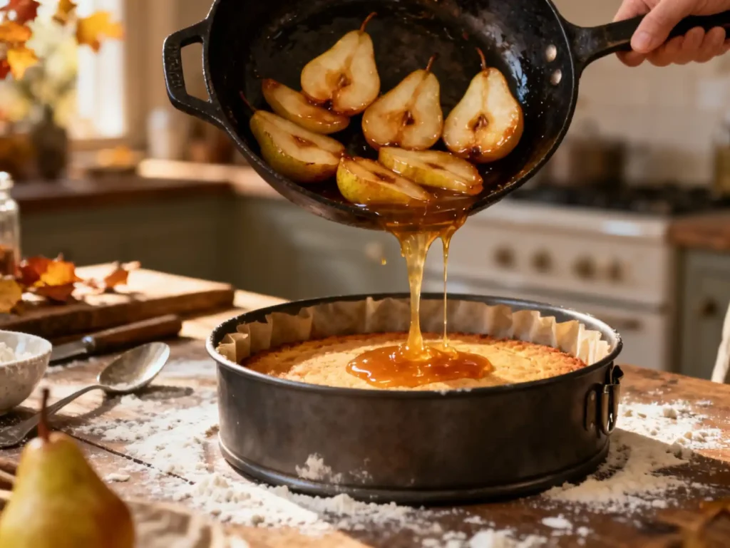 Freshly flipped upside-down pear gingerbread cake