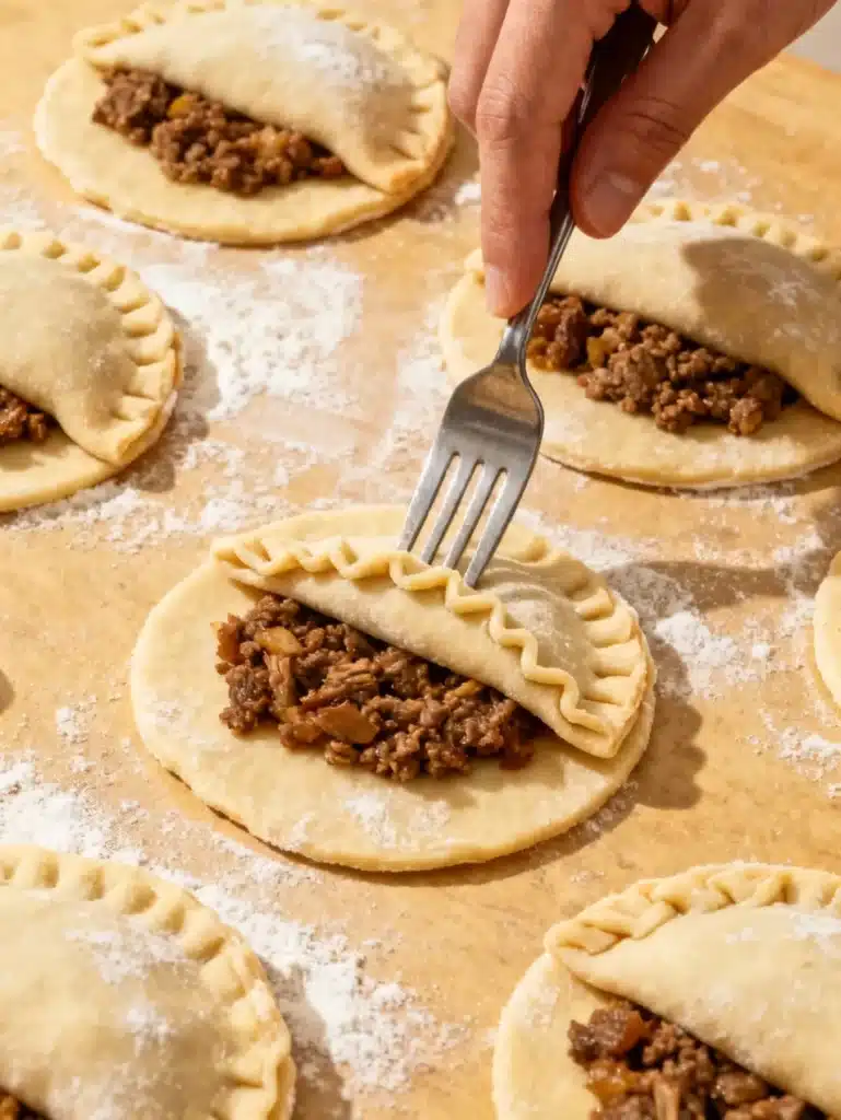 Folding and sealing beef empanadas with fork