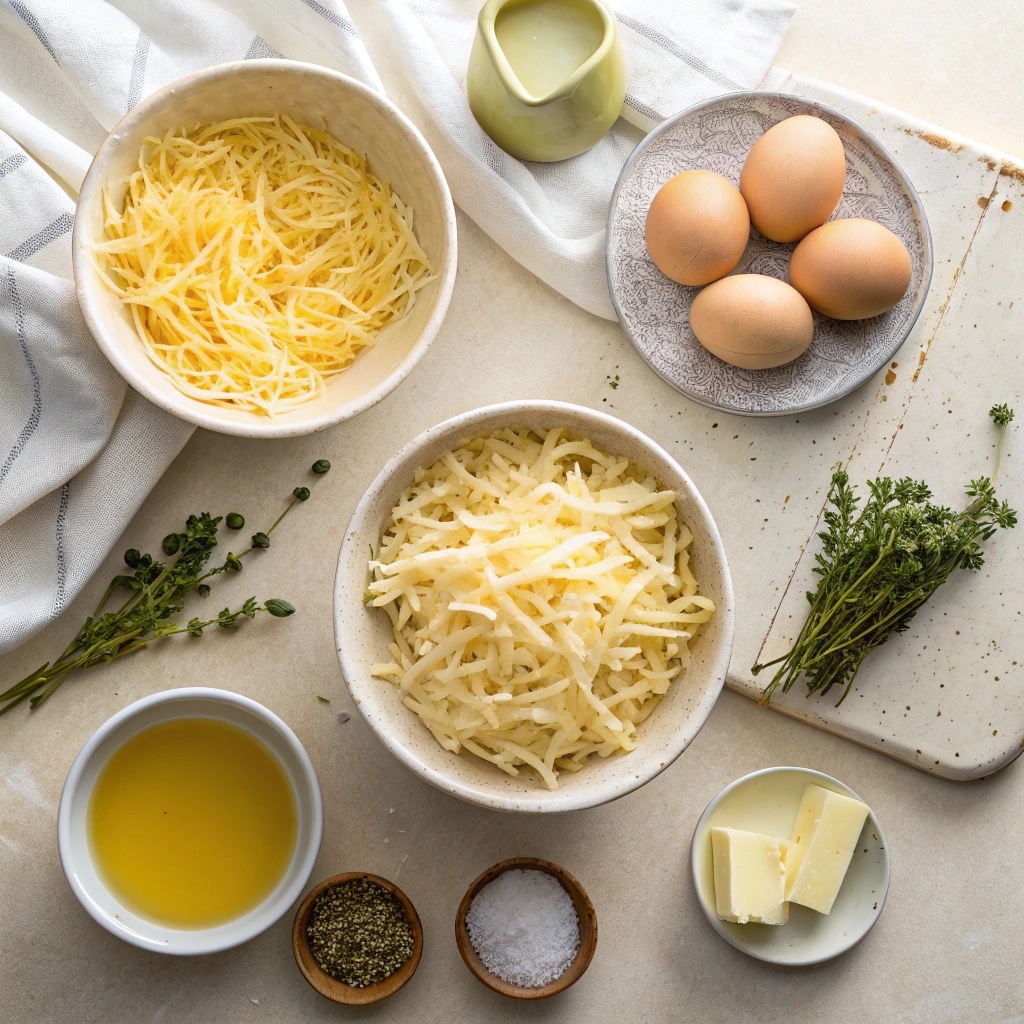 onions, thawed hashbrowns, gruyere, eggs, broth, thyme arranged on board