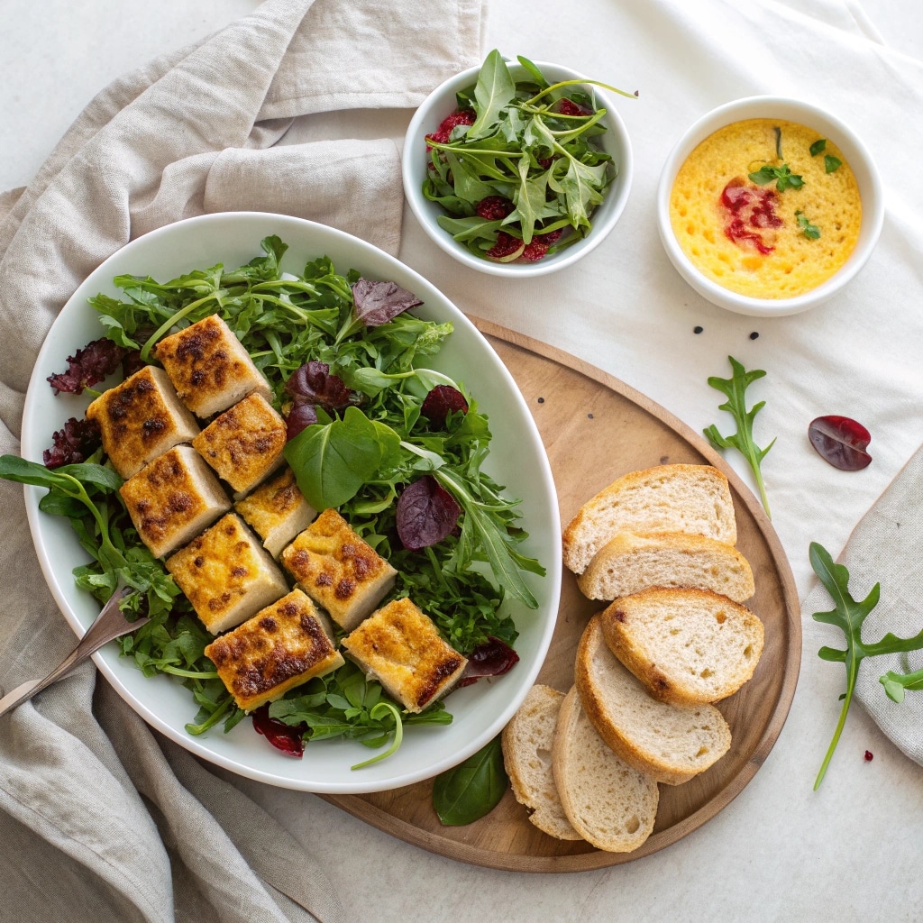 casserole squares on greens with vinaigrette salad and bread