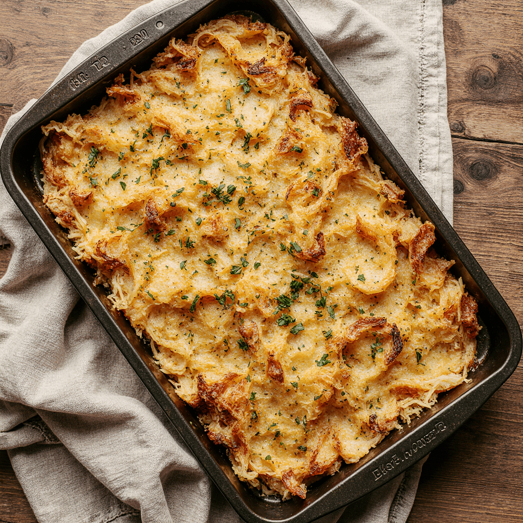 French Onion Hashbrown Casserole baked thin on a sheet pan, golden and crispy