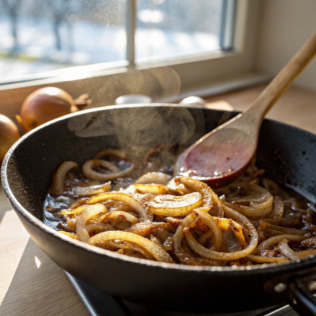 deep golden onions reducing with broth in a wide skillet