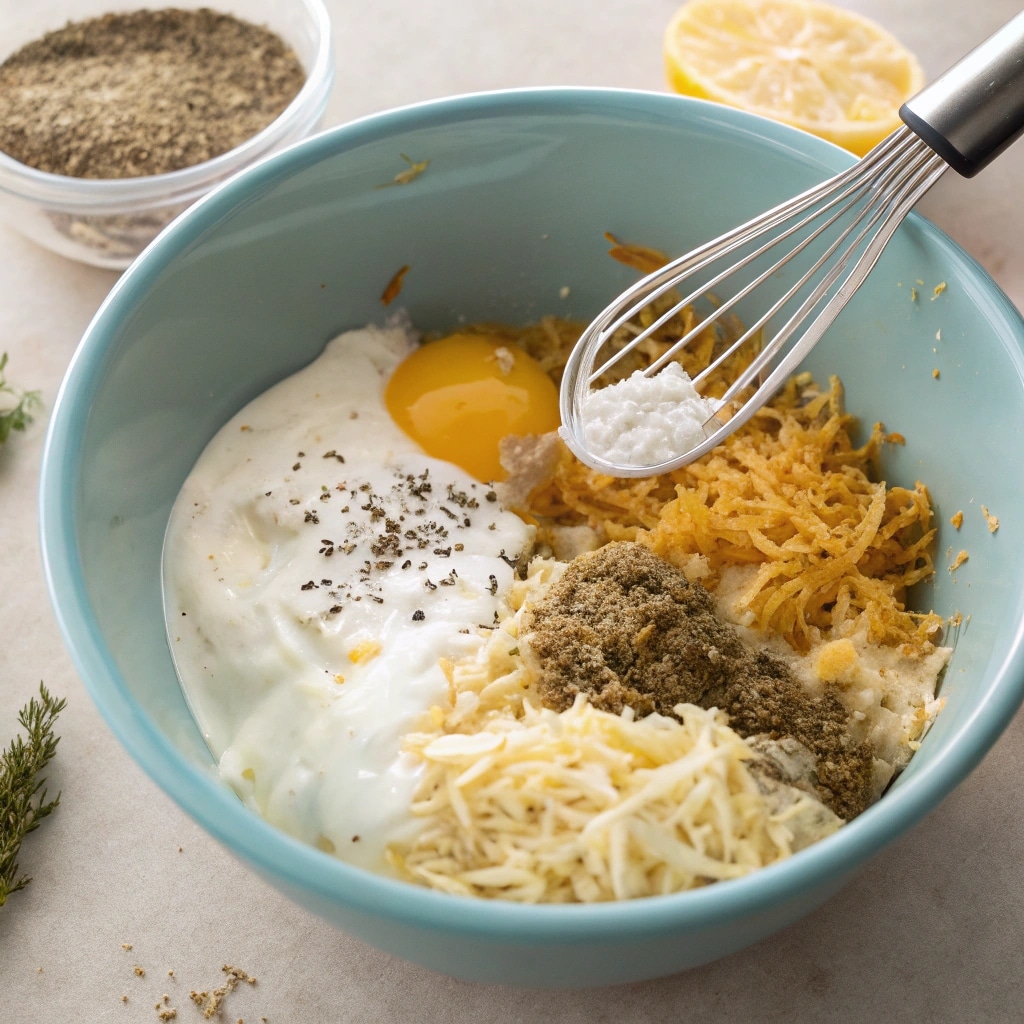 whisked eggs and sour cream folded with dry hashbrowns and onions