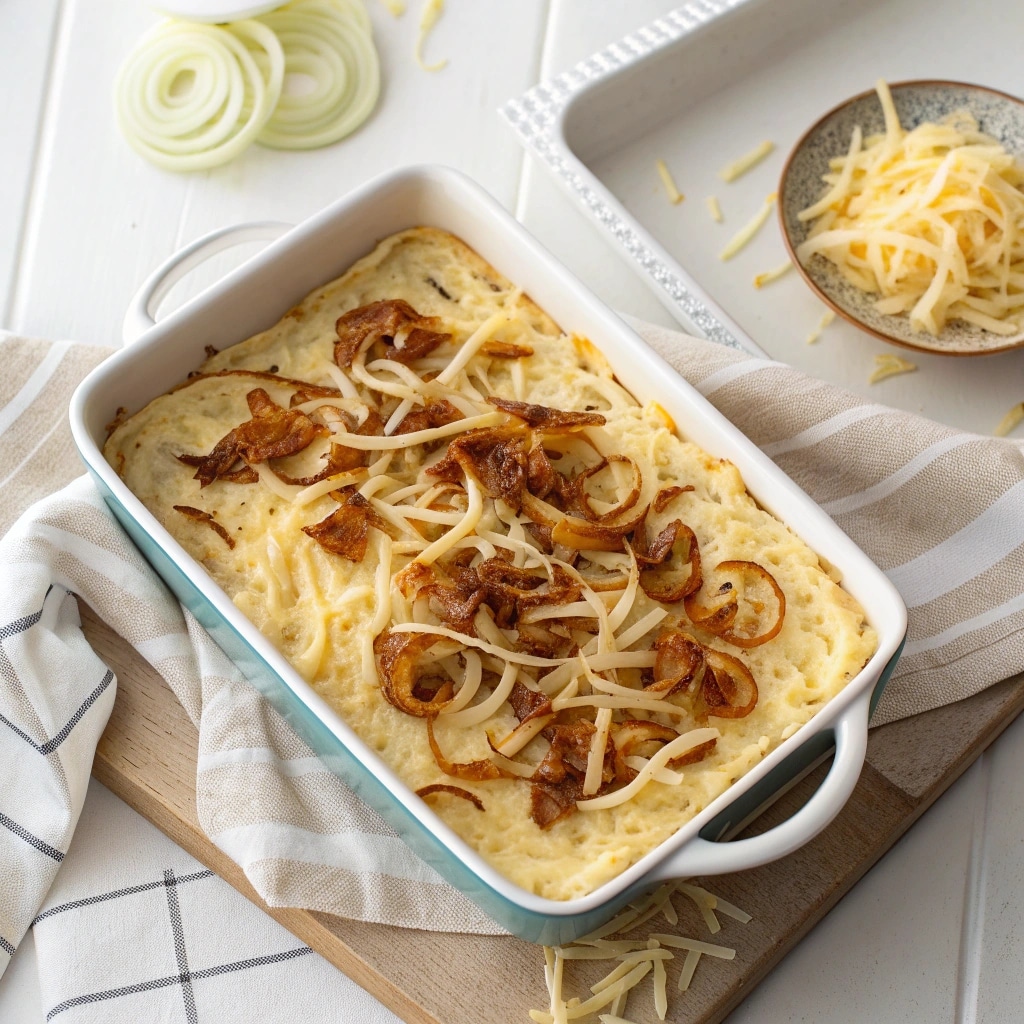 casserole dish filled with hashbrown base topped with onions and cheese