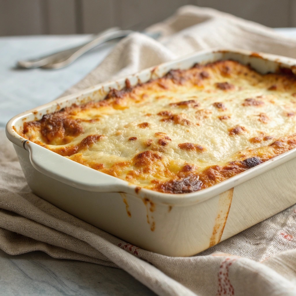 casserole just out of oven with crisp corners and bubbling cheese