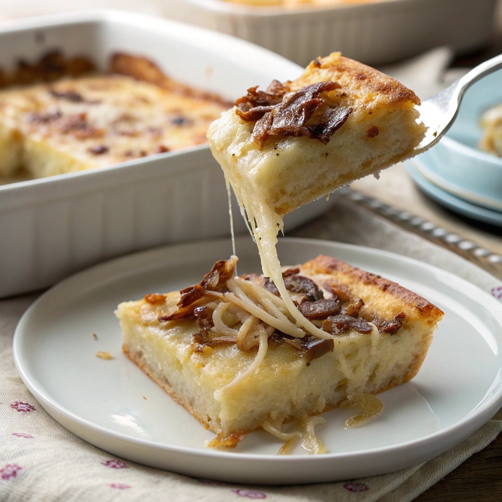 neatly sliced square showing creamy interior and onion strands
