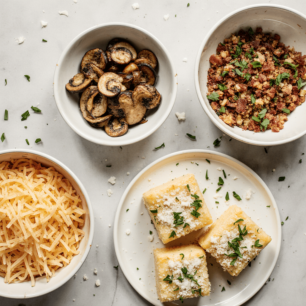 bowls of mushrooms, bacon and chives, and cheddar-parmesan topping
