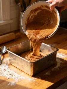 Pouring Gingerbread Cake Batter into Pan
