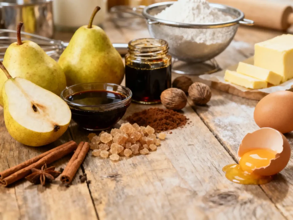 Ingredients for upside-down pear gingerbread cake