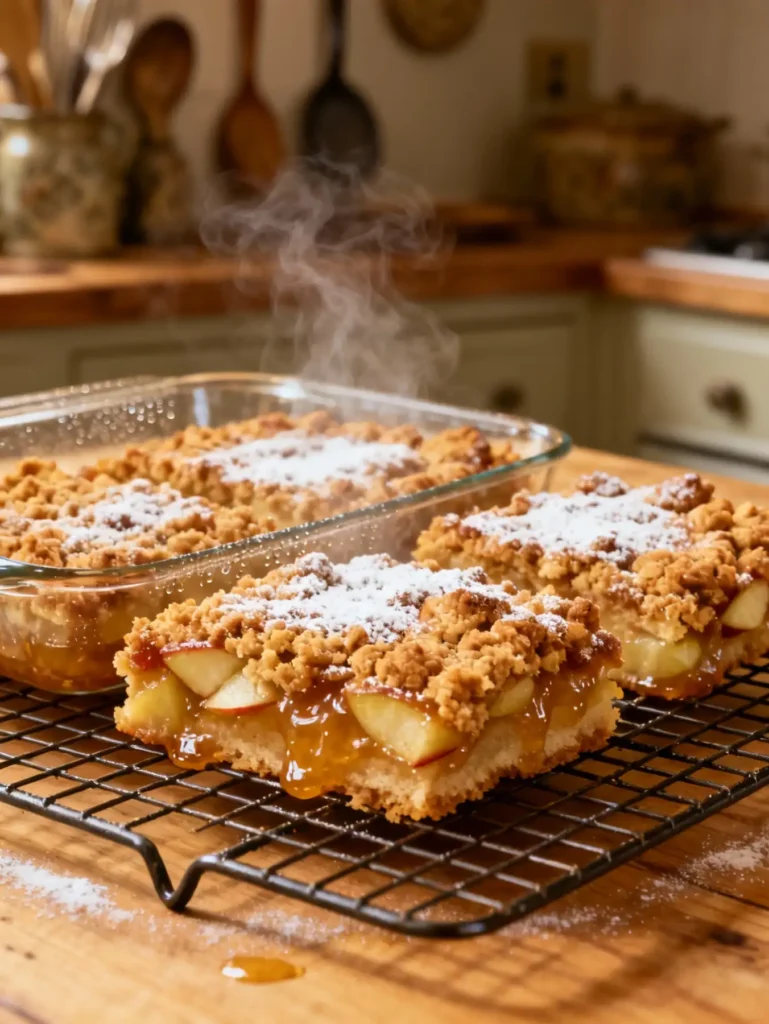 Grandma’s Apple Crumb Bars cooling on a wire rack after baking