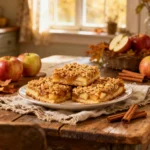 Freshly baked Grandma’s Apple Crumb Bars on a rustic wooden table
