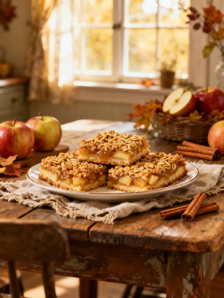 Freshly baked Grandma’s Apple Crumb Bars on a rustic wooden table