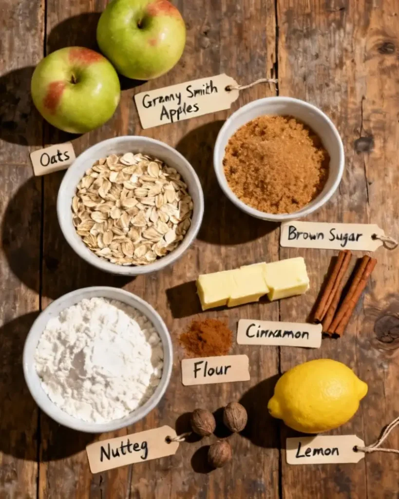 Ingredients for Grandma’s Apple Crumb Bars on a rustic table with labels