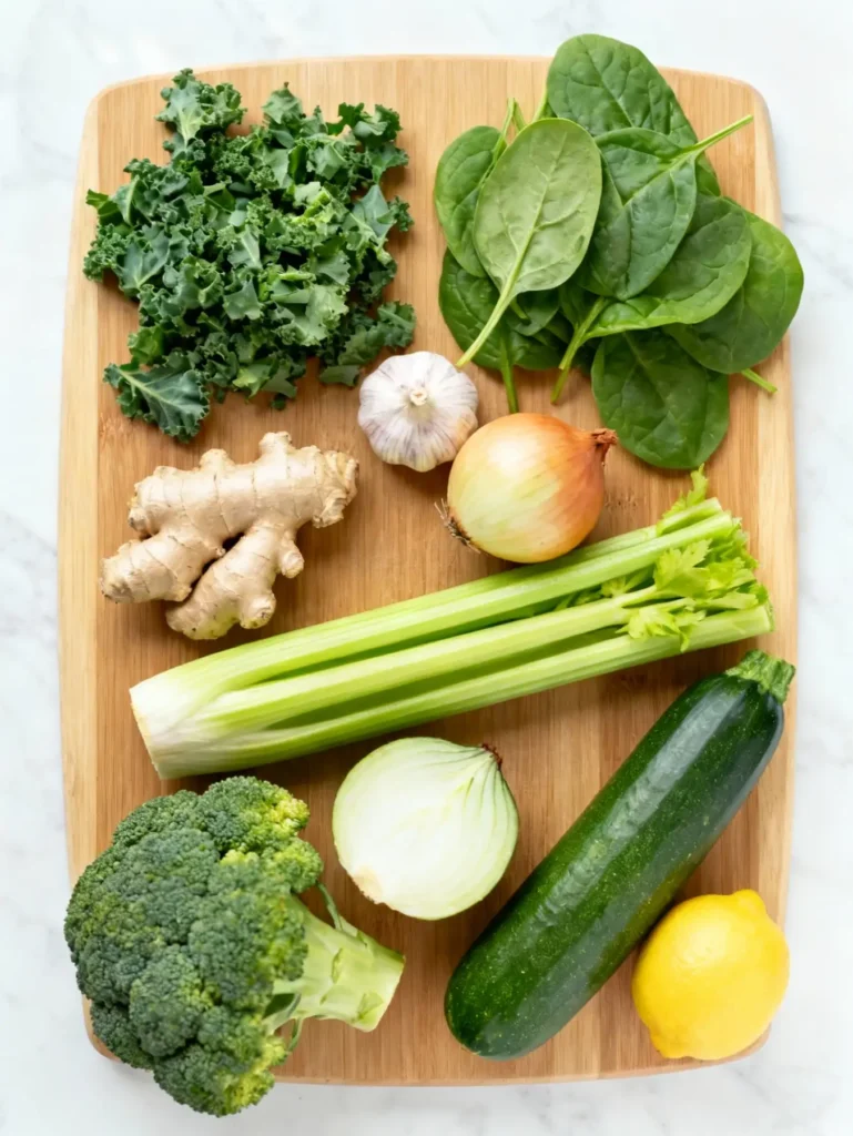 Detox soup ingredients including kale, spinach, garlic, and lemon