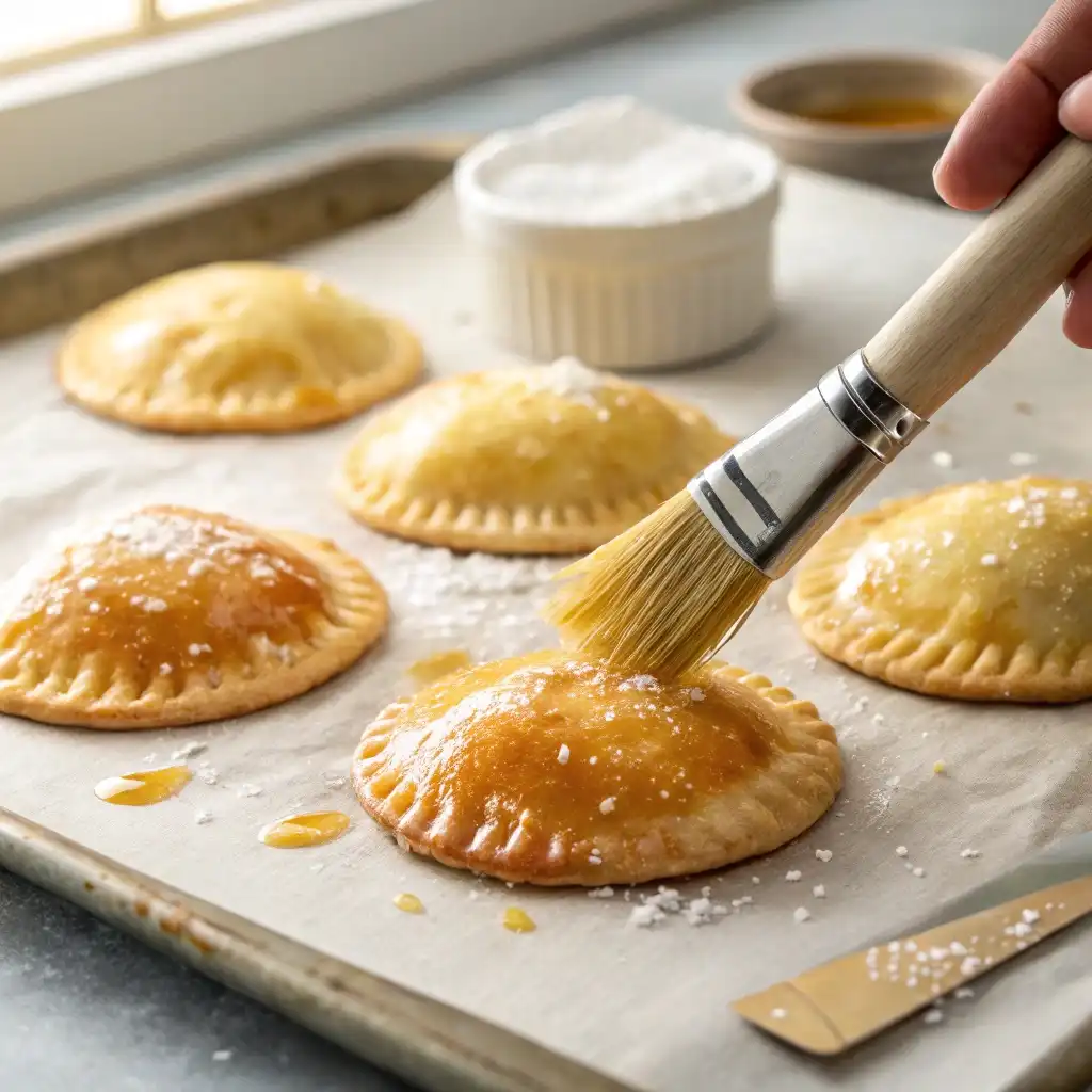 brushing egg wash and cutting vent slits on hand pies