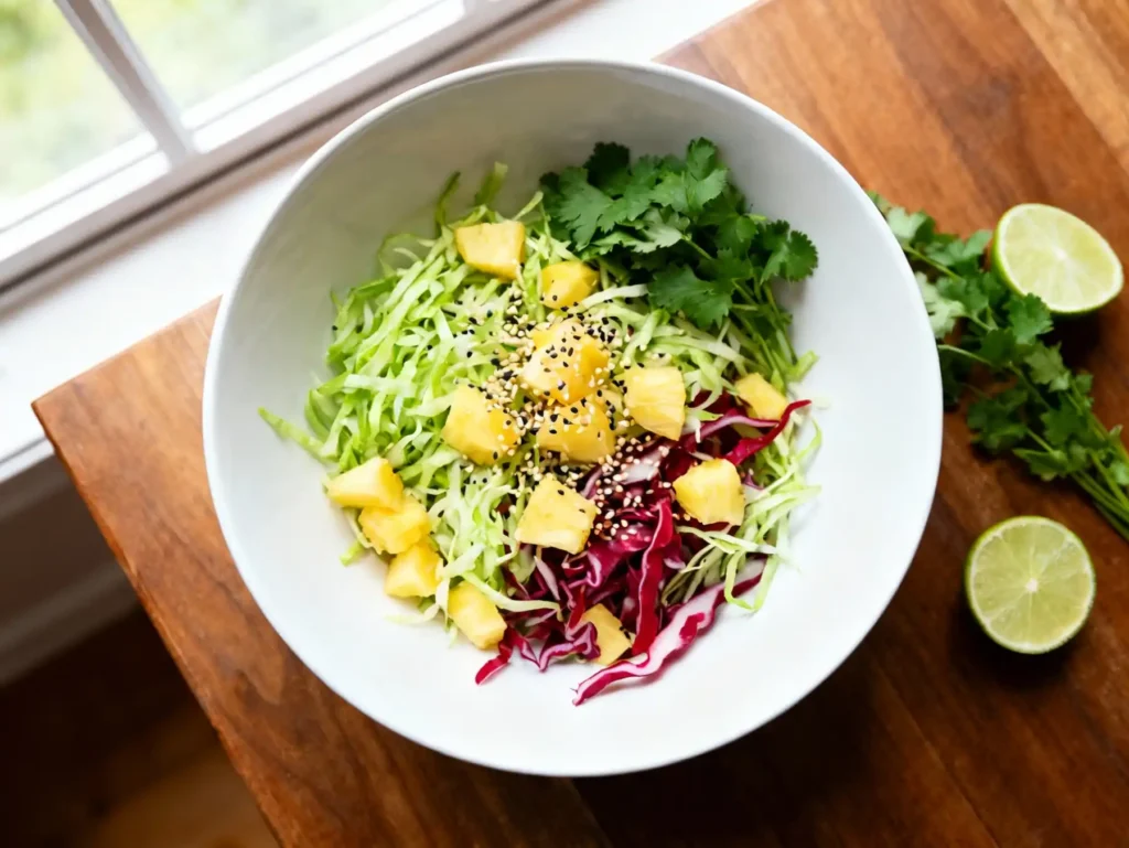 Hawaiian coleslaw recipe with pineapple, lime, and sesame