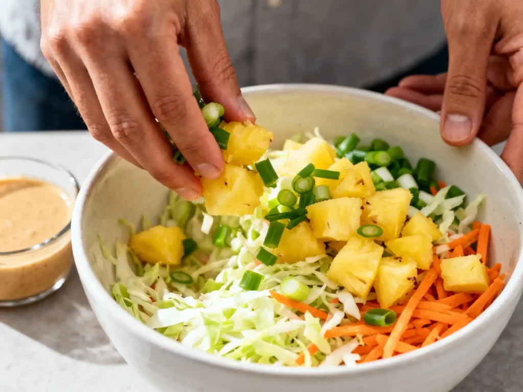 Folding pineapple into Hawaiian pineapple slaw