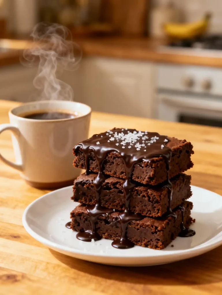 Healthy double chocolate banana bread bars served with coffee