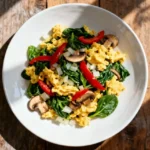 healthy veggie egg scramble on ceramic plate