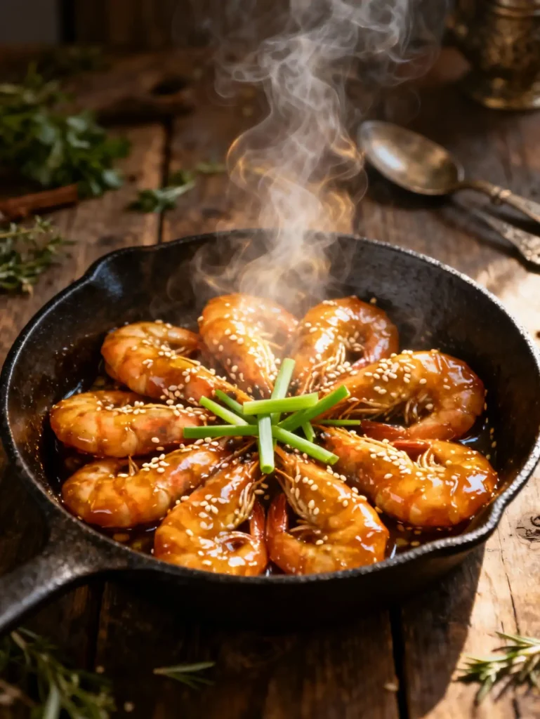 Honey garlic shrimp in skillet with golden glaze