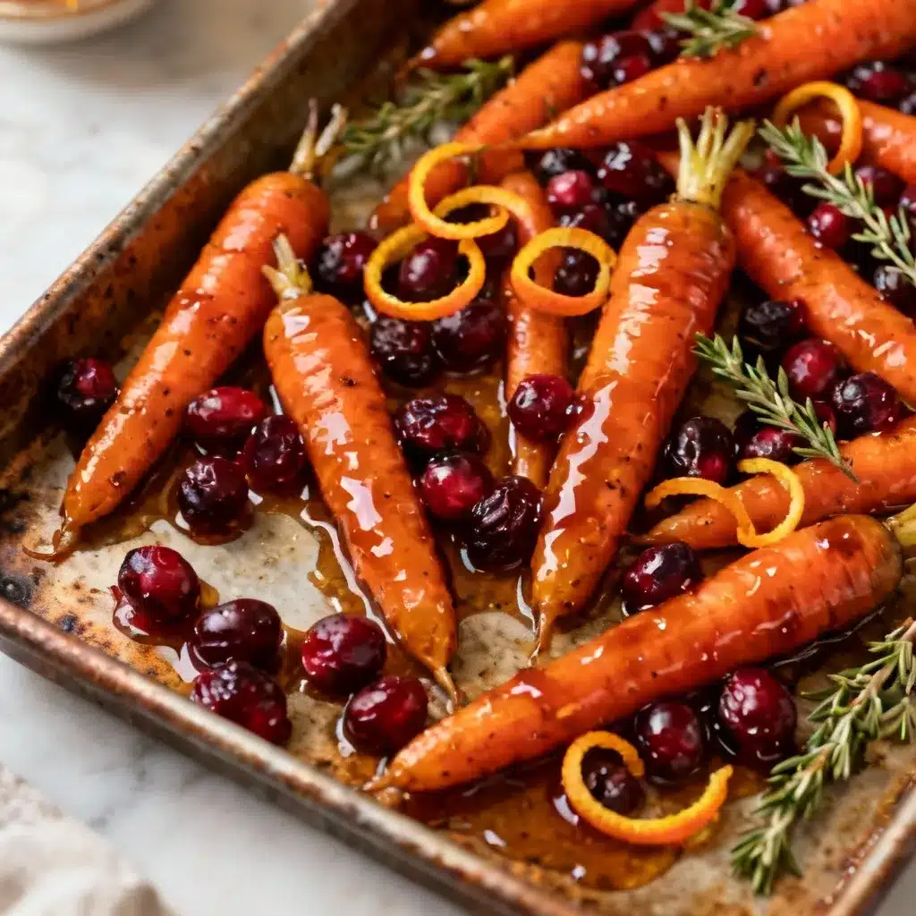 hot honey roasted carrots with cranberries on sheet pan, glossy and jammy