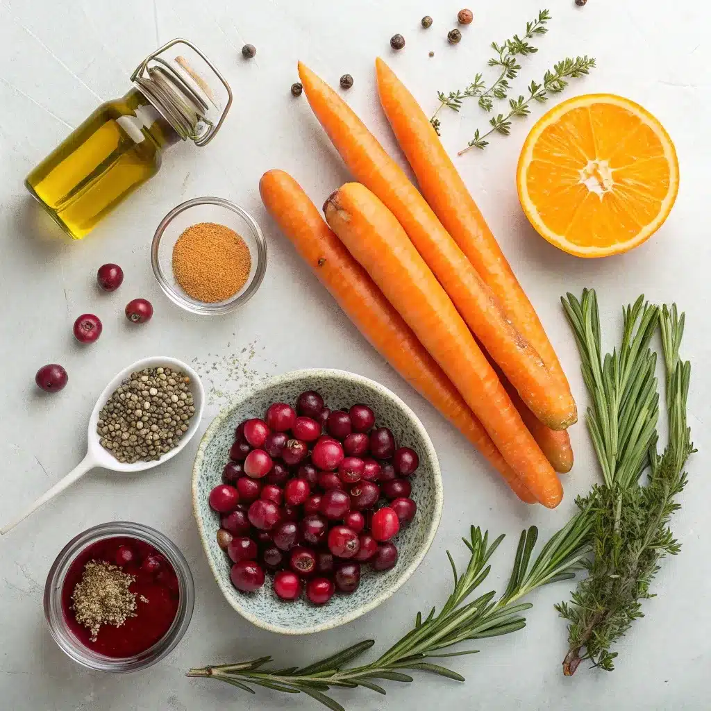 ingredients for hot honey roasted carrots with cranberries on a light background