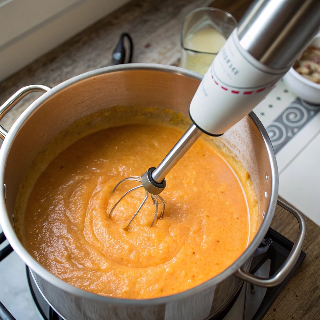 Butternut Squash and Sausage Tortellini Soup pureed with immersion blender to smooth orange base