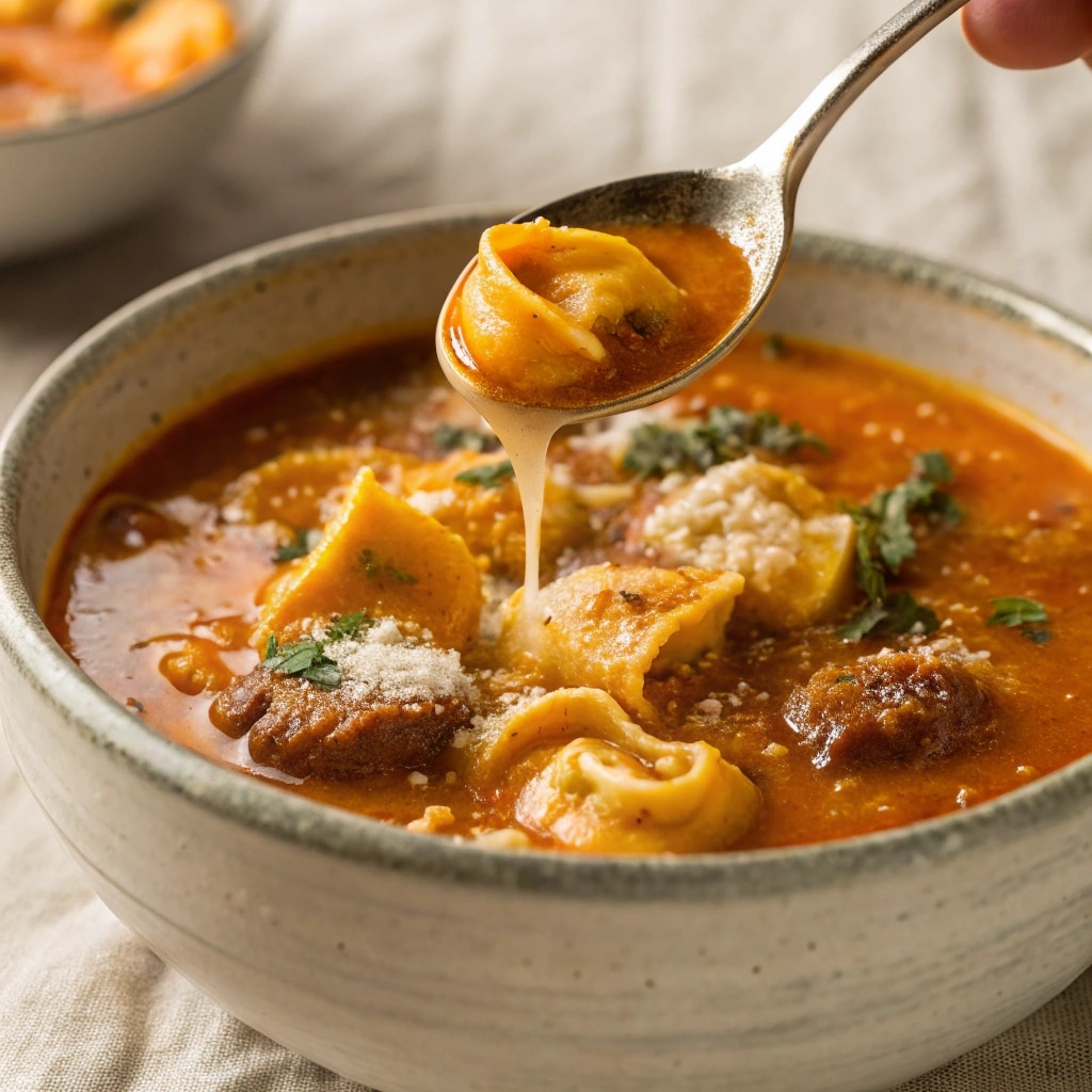 Butternut Squash and Sausage Tortellini Soup being ladled into a bowl with parmesan