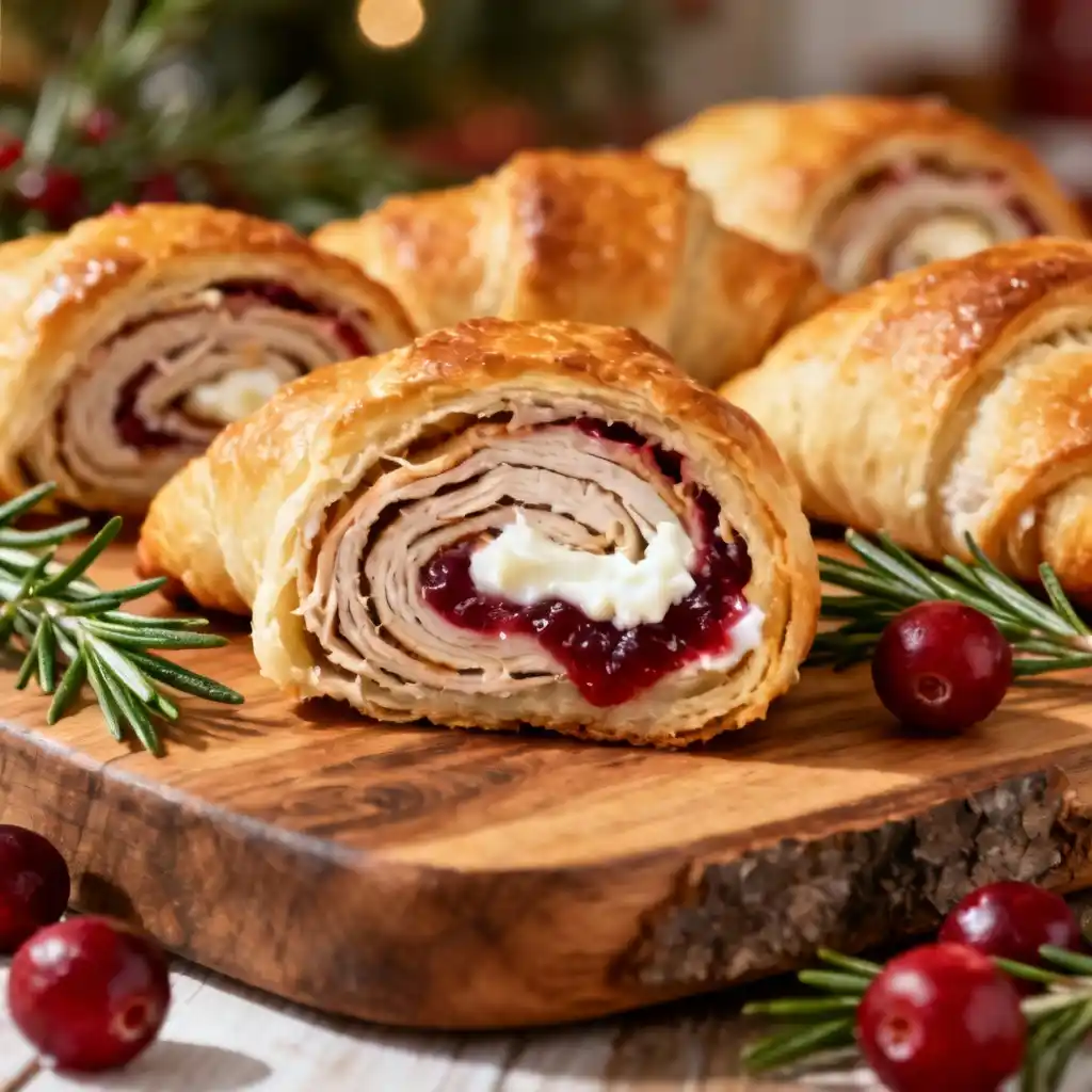 Golden baked leftover turkey crescent roll pinwheels with cranberry filling on a holiday platter