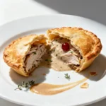 close-up of a split leftover turkey hand pie with gravy