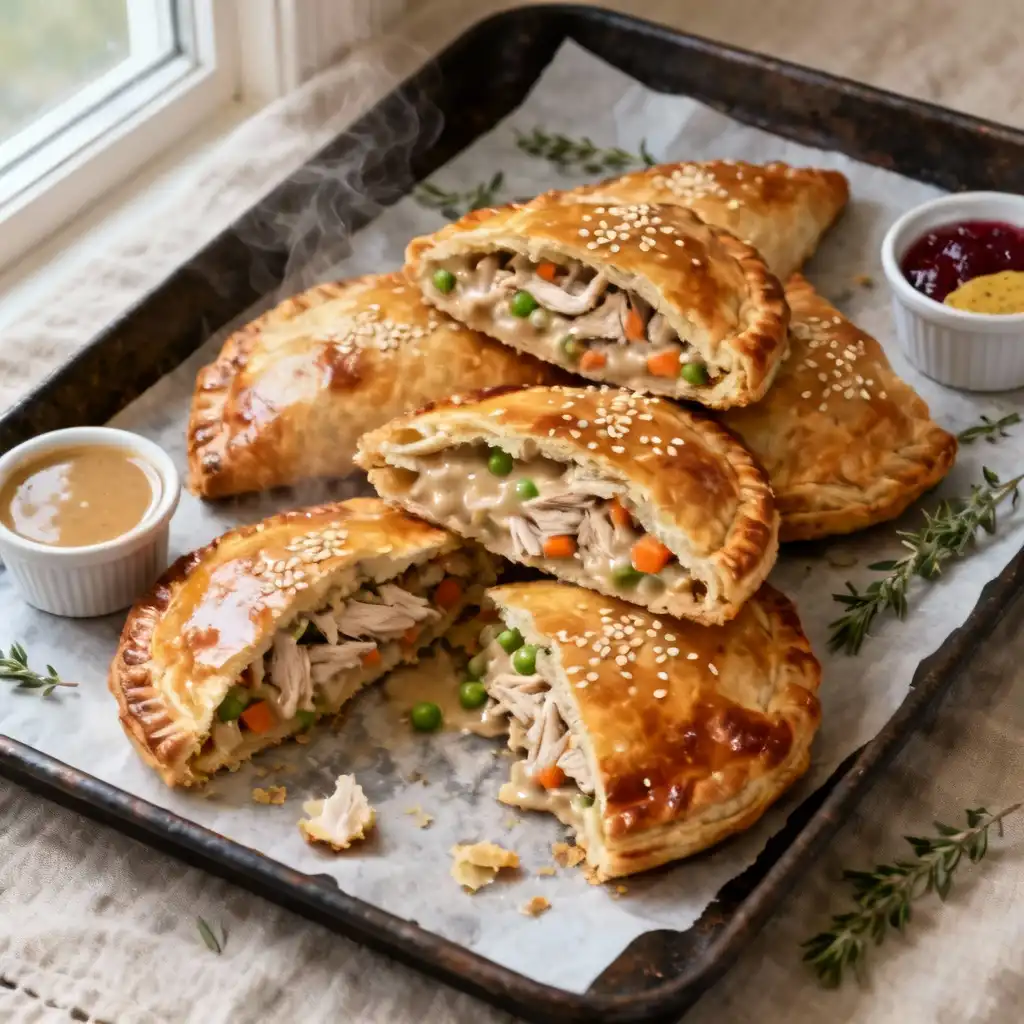 leftover turkey hand pies on parchment with gravy and cranberry dips