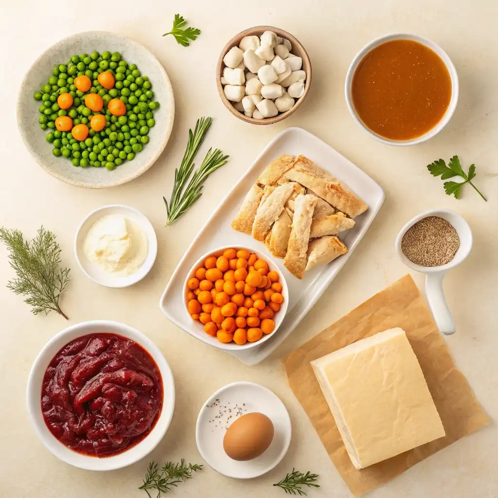 ingredients for leftover turkey hand pies including dough, turkey, gravy, cranberry