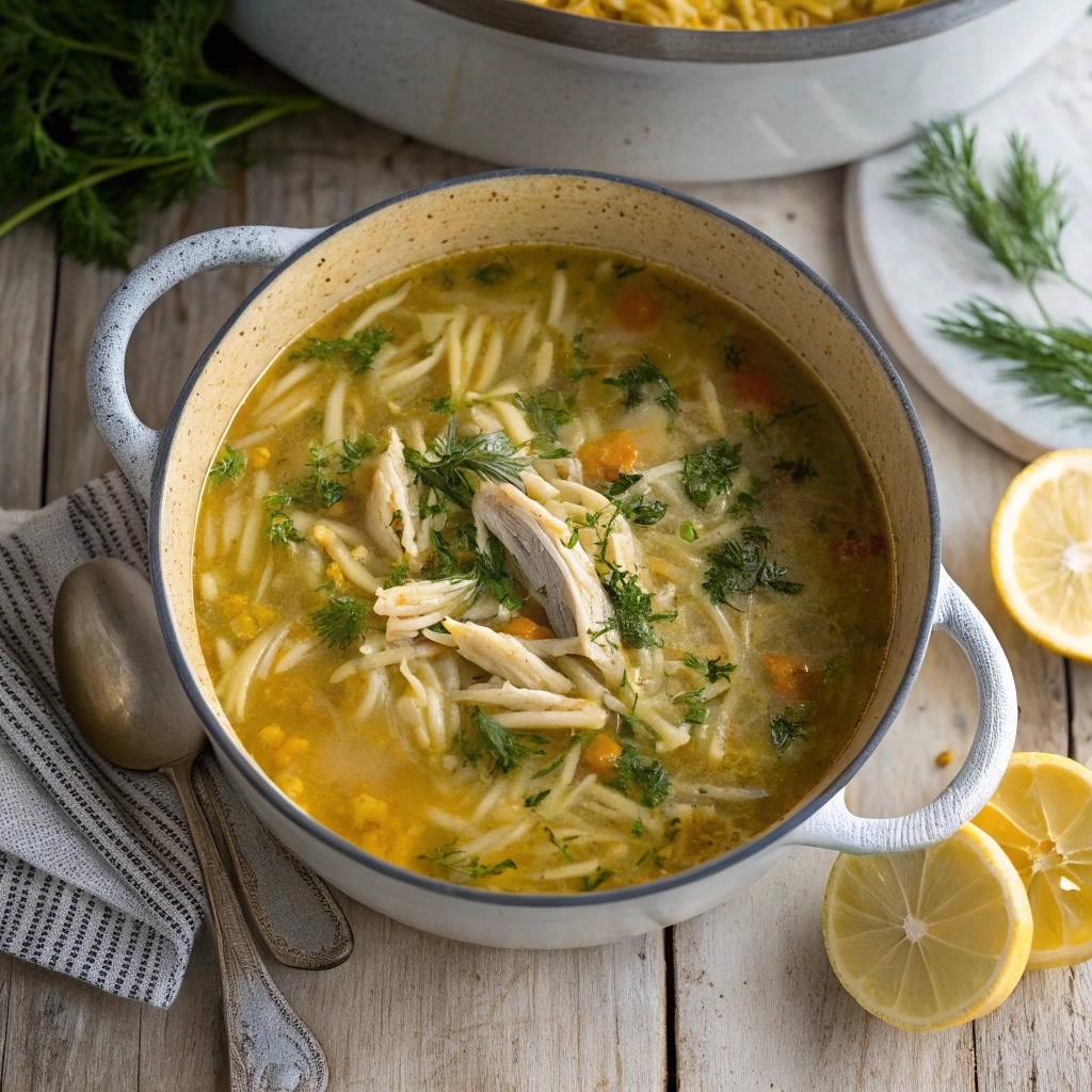 Leftover Turkey Orzo Soup in a Dutch oven with lemon and parsley