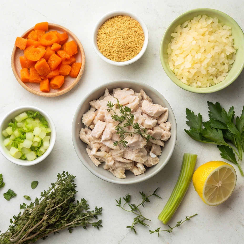 Leftover Turkey Orzo Soup ingredients—turkey, orzo, aromatics, lemon, herbs, broth