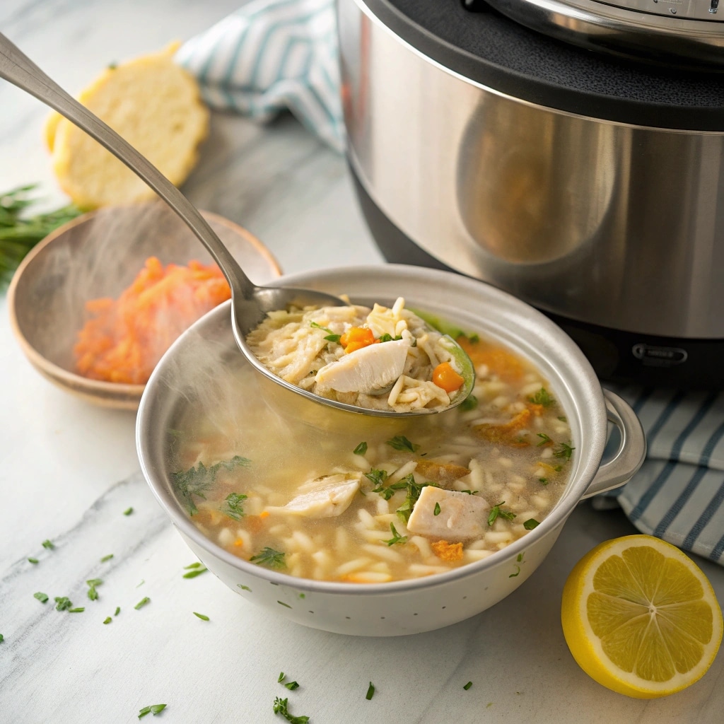 Leftover Turkey Orzo Soup in an Instant Pot with orzo and turkey visible